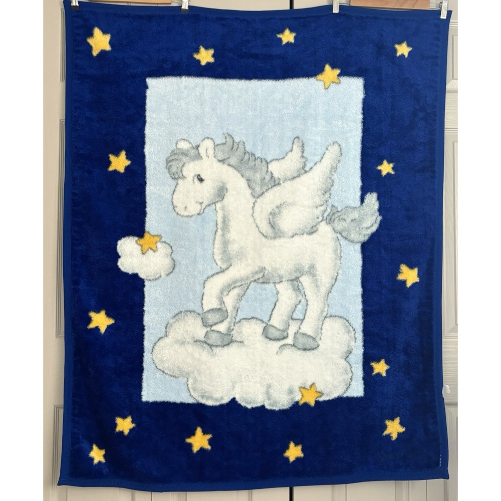 Vintage Baby Mink Blanket Pegasus Deep Royal Blue Stars Clouds Dreams‎ 43"x 53"